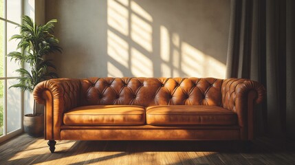 Poster - A stylish brown leather couch sits elegantly in a sunlit room, surrounded by green foliage and soft shadows.