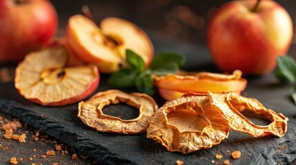 Poster - Dried apple slices on a slate board with fresh apples and mint leaves.