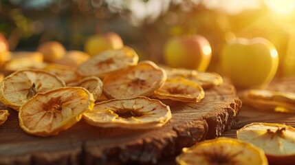 Poster - Dried apple slices on a wooden surface with fresh apples in the background during sunset.