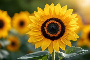 Canvas Print - Close Up View of Vivid Yellow Sunflowers in Sunny Field with Soft Green Background