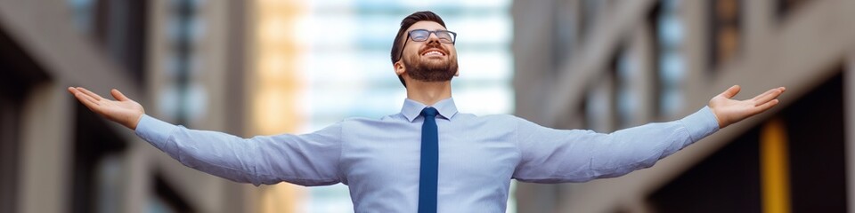 Wall Mural - A man wearing a tie and glasses is smiling and raising his hands in the air. Concept of happiness and positivity