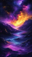 Wall Mural - Vibrant Cosmic Nebula of Purple and Gold with Star Clusters Background in Space