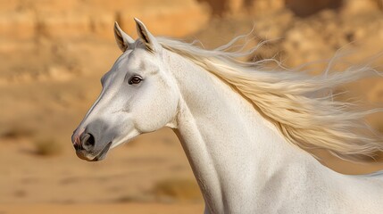 Naklejka na meble White horse portrait displays flowing mane and detailed facial features in soft natural light against desert background, capturing noble expression and elegant equine presence with soft bokeh.