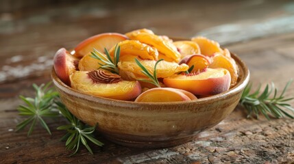 Poster - A bowl of sliced peaches garnished with rosemary on a wooden surface.