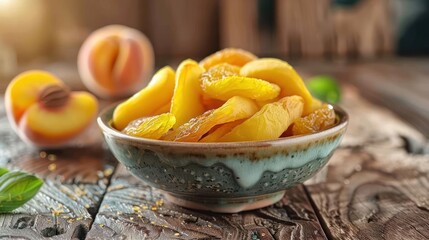 Poster - A bowl of dried apricots with fresh apricots on a rustic wooden surface.