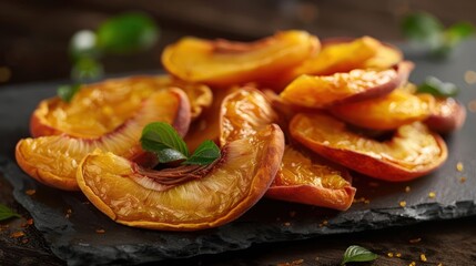 Poster - Dried peach slices arranged on a slate surface, garnished with mint leaves.
