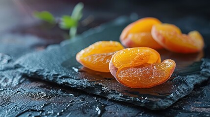 Poster - Juicy orange segments arranged on a dark slate, highlighting their vibrant color and texture.