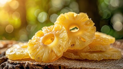 Poster - Slices of dried pineapple arranged artistically on a natural surface with a blurred background.