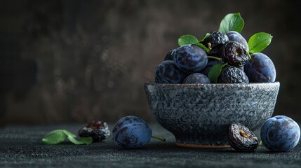 Poster - A bowl of fresh plums with green leaves on a dark background.