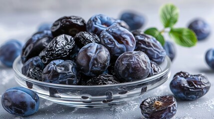 Poster - A bowl of fresh and dried plums on a textured surface, highlighting their rich color.
