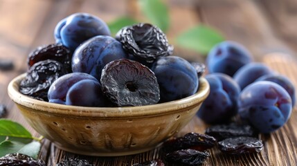 Poster - A bowl of fresh and dried plums on a wooden surface, showcasing their vibrant colors.