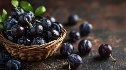 Poster - A basket filled with fresh, dark plums on a rustic surface, showcasing natural produce.