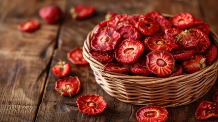 Poster - A woven basket filled with dried strawberry slices on a wooden surface.