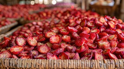 Poster - A vibrant display of fresh, sliced strawberries in woven baskets at a market.