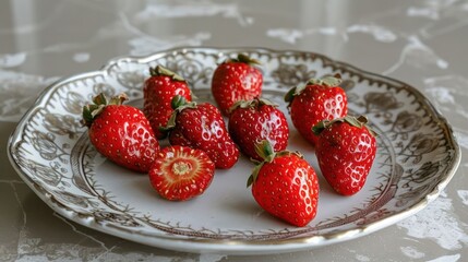 Poster - A plate of fresh strawberries arranged neatly, showcasing their vibrant color and freshness.