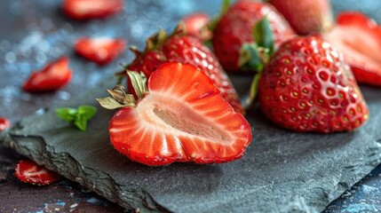 Poster - Fresh strawberries displayed on a slate surface, highlighting their vibrant color and texture.