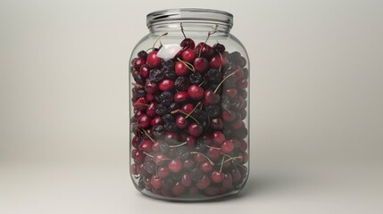 Poster - A glass jar filled with red and dark cherries, showcasing their vibrant colors and freshness.