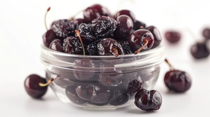 Poster - A glass bowl filled with shiny, dark cherries, some whole and some dried, on a white background.