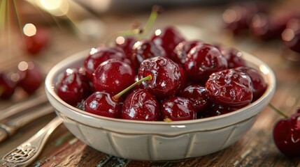 Poster - A bowl of shiny cherries on a rustic wooden table, showcasing fresh fruit.