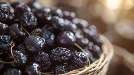 Poster - A close-up of a basket filled with shiny, dark cherries, highlighting their rich texture.