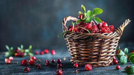 Poster - A woven basket filled with fresh red berries and green leaves on a dark surface.
