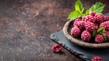 Poster - A rustic bowl filled with fresh blackberries on a dark wooden background.