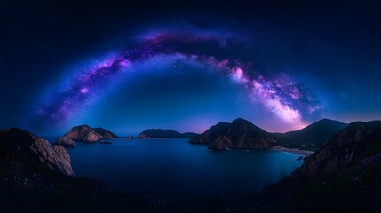 Night sky reveals vibrant Milky Way over mountain silhouette and ocean, featuring deep blue cosmic background with purple nebula colors, creating dreamy celestial scene with twinkling stars.