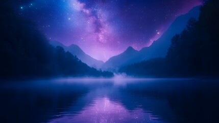 Night sky reveals vibrant Milky Way over mountain silhouette and ocean, featuring deep blue cosmic background with purple nebula colors, creating dreamy celestial scene with twinkling stars.