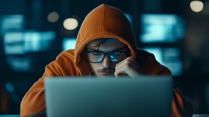 Focused Cybersecurity Expert In Hoodie Working On Laptop, Concept Of Hacking, Digital Privacy, And Cybersecurity Protection