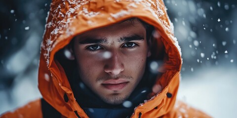 Wall Mural - man in orange jacket in snow