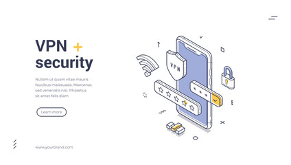 Fototapete - VPN security modern line art web banner. A sleek smartphone displays a VPN shield, illustrating online security. Surrounding elements include symbols of Wi-Fi, a padlock, and rating stars