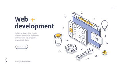 Web development modern line art web banner. Computer displaying code with CSS and HTML icons, surrounded by design elements like a coffee cup and additional graphic symbols