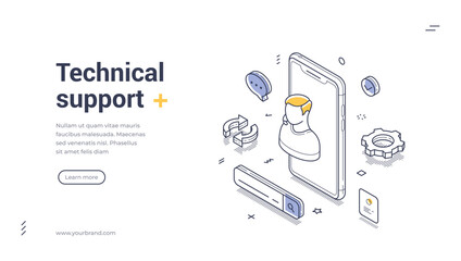 Fototapete - Online tech support assistance, showcasing a figure emerging from a smartphone surrounded by various tech-related icons. Modern isometric line art web banner, landing page template
