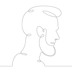 Wall Mural - One continuous drawing line logo young man portrait profile head bust side view .Single hand drawn art line doodle outline isolated minimal illustration cartoon character flat