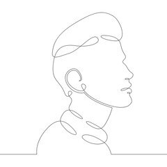 Wall Mural - One continuous drawing line logo young man portrait profile head bust side view .Single hand drawn art line doodle outline isolated minimal illustration cartoon character flat