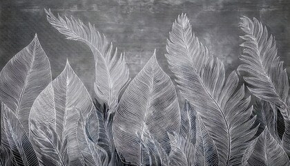 Poster - abstract illustration of white feather-like shapes against dark textured background, suitable for modern graphic design projects