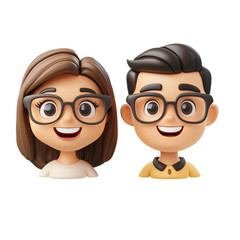 Poster - Couple wearing glasses smiling with cartoon heads of a man and woman in glasses on a colorful background