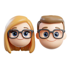 Poster - Couple with glasses on their heads beside cartoon 3d heads of a woman and man wearing glasses