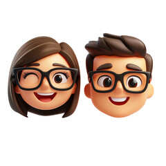 Poster - Couple wearing glasses with cartoon heads of man and woman in glasses on a neutral background