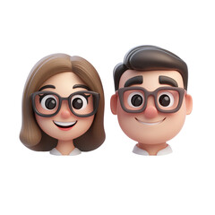 Poster - Couple with glasses and 3d cartoon heads of a woman and man with glasses in a playful illustration