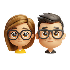 Poster - Couple wearing glasses with cartoon heads of man and woman in 3d style illustration
