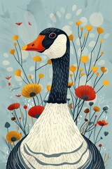 Poster - A stylized illustration of a goose surrounded by colorful flowers and foliage.
