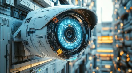 Poster - a futuristic, high-tech surveillance camera with a glowing blue lens is mounted on a complex, indust