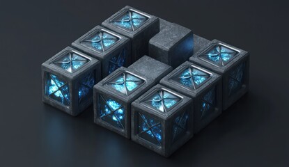 Poster - Glowing blue energy within interconnected metallic cubes.