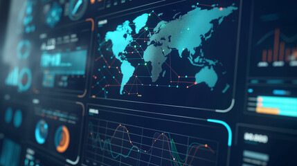 A computer screen displays a map of the world with various data points