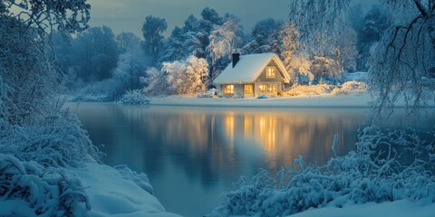 Wall Mural - lakehouse on snowy lake
