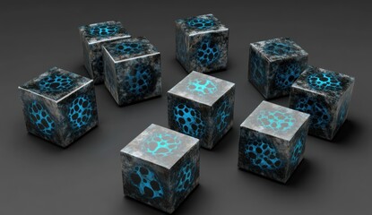 Poster - Glowing blue patterns inside scattered grey stone cubes.