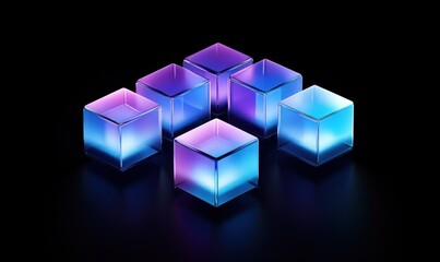 Poster - Glowing glass cubes arranged in a network pattern on a black background.