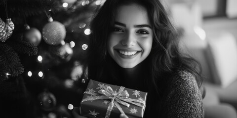 Canvas Print - Woman Holding Gift by Christmas Tree