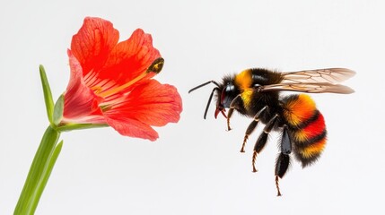 Poster - Close-Up of a Bumblebee Buzzing Near a Vibrant Red Flower Against a Clean Background